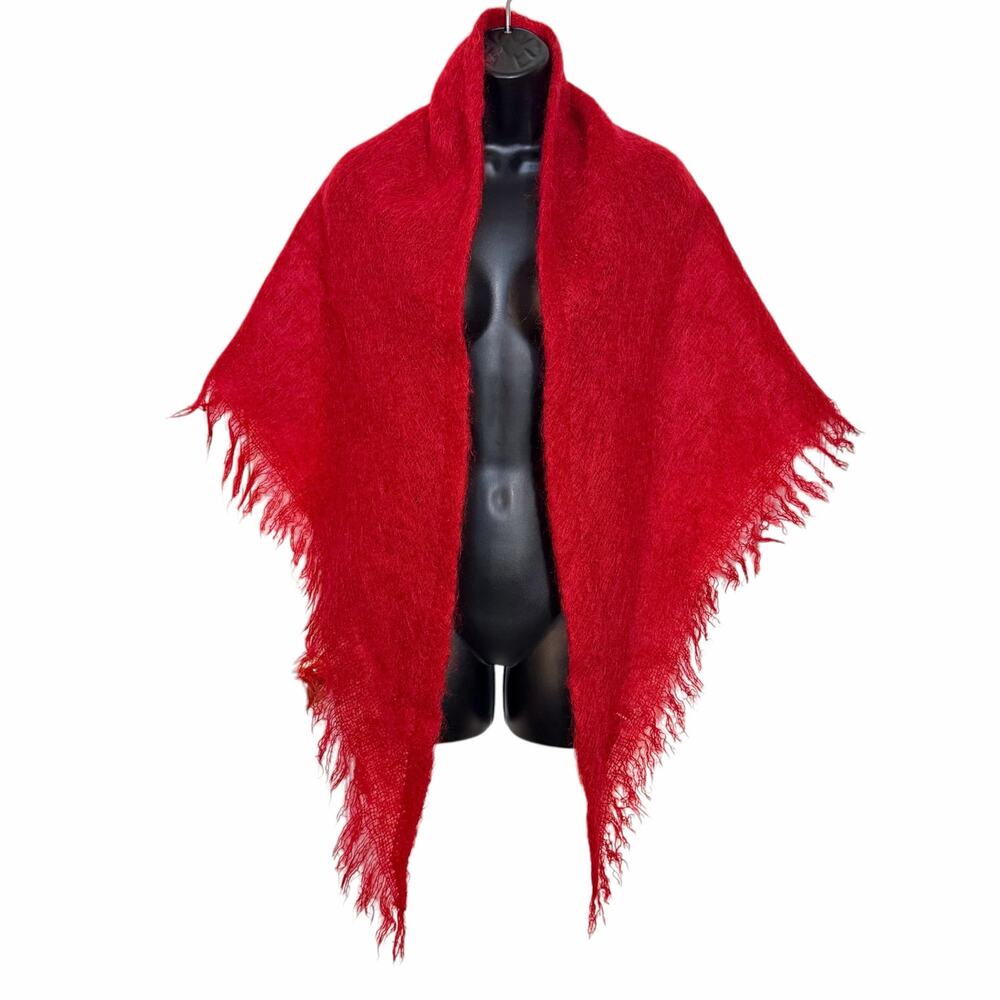 VTG The Scotch House Mohair Wool Triangle Shawl Wrap Red Made in Scotland Fringe